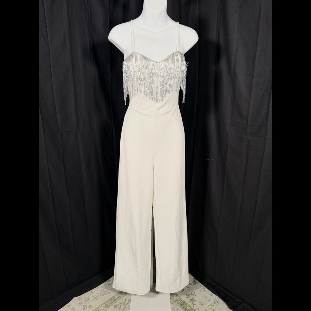 Lulus Glamorous Intuition White Beaded Fringe Bustier Jumpsuit Size XS